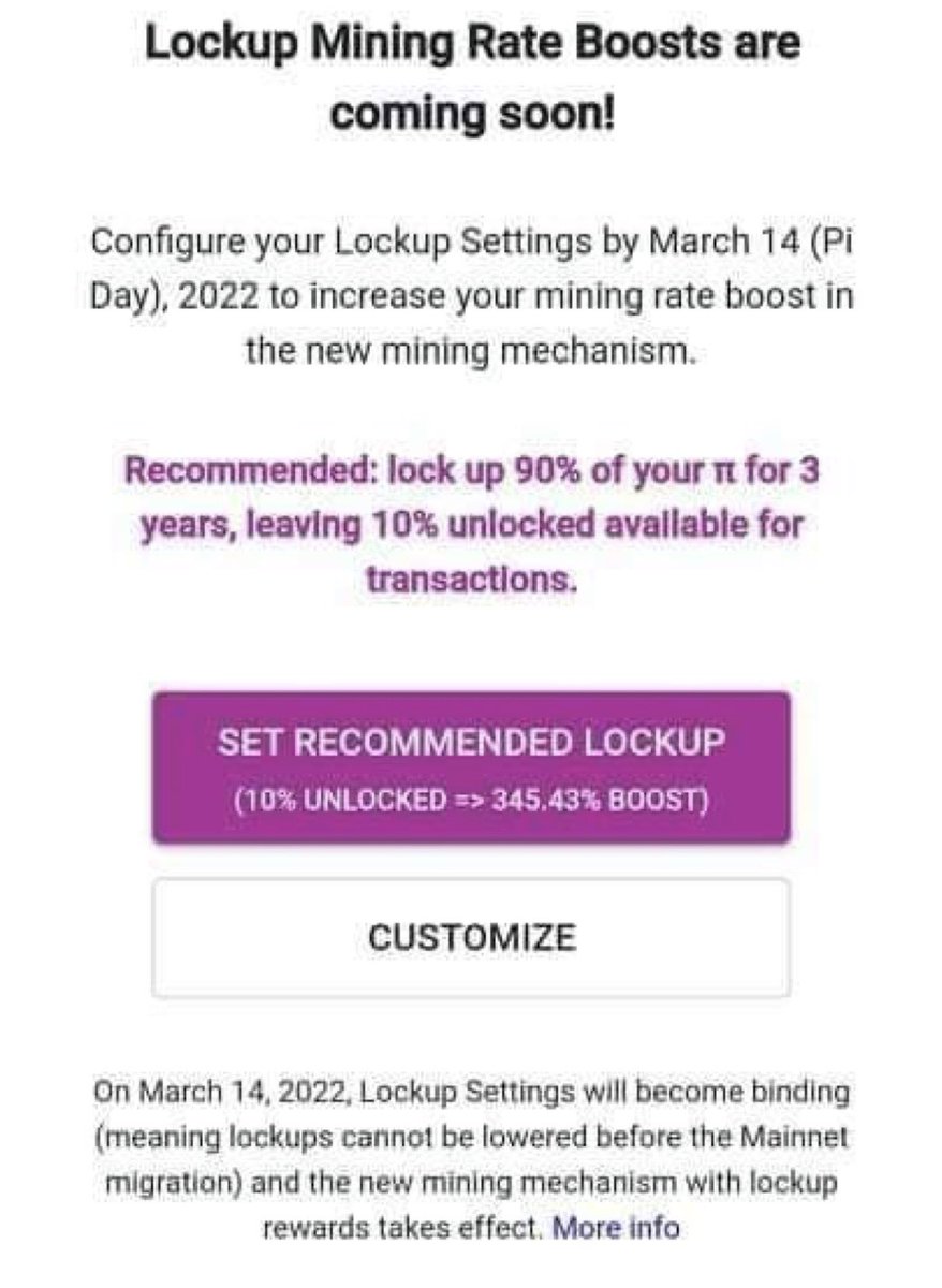 PiExchangeX's tweet photo. ALL PI ACCOUNTS ATTENTION: All accounts must Set Up Pi Lock Rate by March 14,2022, anyone who wants to change the setting must also do it by that date. After March 14, 2022,it is no longer possible to change the lock rate. The Pi locking mechanism of special importance #PiNetwork https://t.co/txjVRyySpG