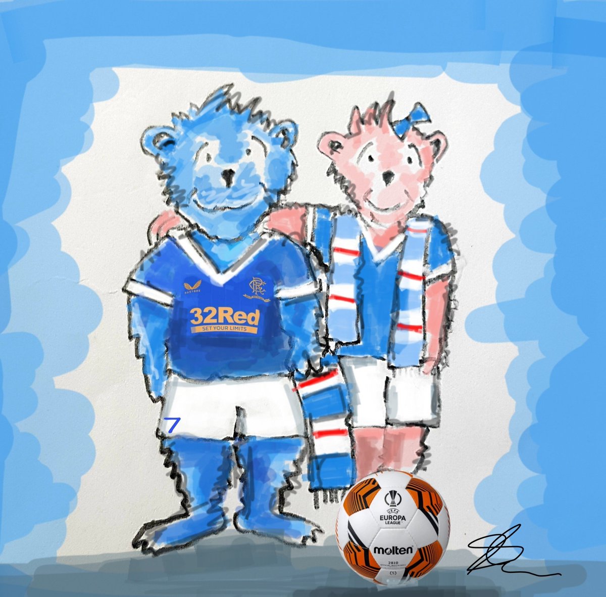 WELL DONE GERS! ON A GREAT EUROPEAN NIGHT!. BLUE AND CASSIE SUPPORTING THE FAMOUS GLASGOW RANGERS!...Follow their adventures in our book 'Blue bear and the competition'..ebay.co.uk/itm/1544706993…