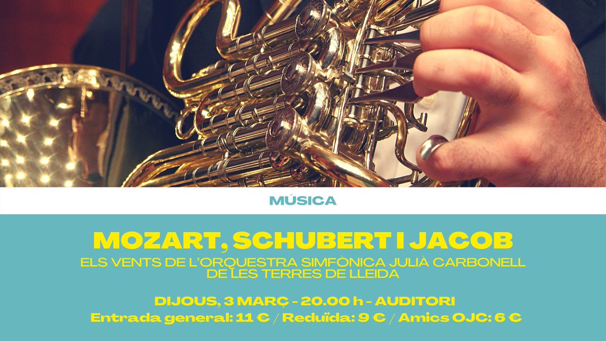 AuditoriEG's tweet photo. Dijous vinent, 3 de març, la secció de vents de l'@orquestraOJC ens oferirà un concert amb obres de #Schubert #Mozart #Jacob #Byrd i #Caplet
Aquesta formació de cambra amb una gran personalitat, ens mostrarà les sonoritats del seu repertori específic. Tot un plaer pels sentits. https://t.co/unsSKEfi8E