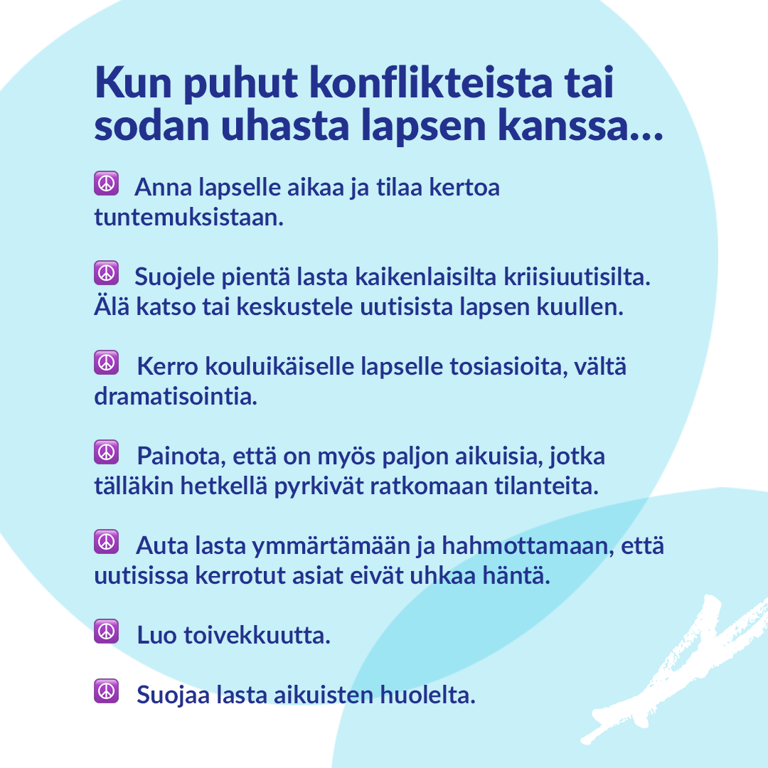 MLL_fi's tweet photo. Miten puhua lapselle sodan uhasta tai konflikteista? Pientenkin lasten voi olla vaikea välttyä sotauutisten tulvalta. Koostimme ohjeet vanhemmille ja muille aikuisille lasten suojelemiseksi ja tukemiseksi uutistulvassa.🕊💙💛 
Lue koko juttu: https://t.co/FvX6ipB6SN https://t.co/0CdylornAz