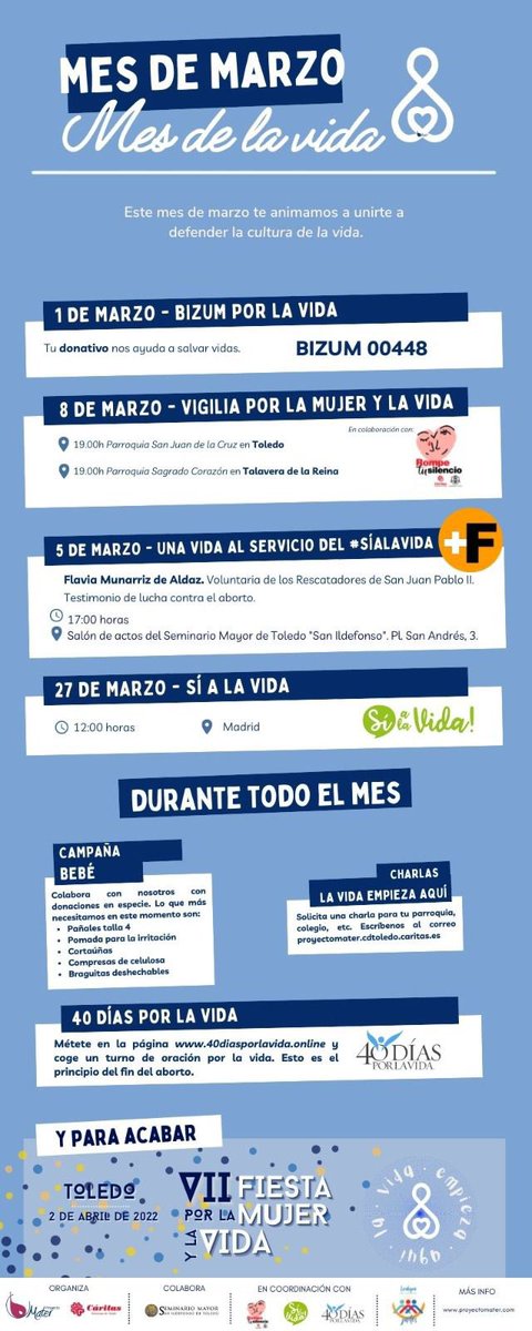 #25SíalaVida Caendario de actividades e iniciativas del #MesdelaVida con la ponencia de una vida al servicio del #SiaLaVida, Flavia Munarriz de Aldaz,  en el <a href="/seminariotoledo/">Seminario Mayor Toledo</a> el sábado 5 de marzo a las 17.00 h. #xlamujerylavida¡ahora es el momento!