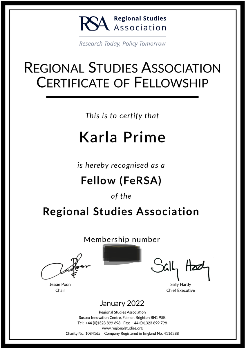 PrimeKarla's tweet photo. Well this happened yesterday - FeRSA. Incredibly honoured. I want to thank the @regstud and the RSA Women's Network for the support and encouragement.  Looking forward to continue contributing to the Association and development of other ECRs. https://t.co/e6rrpttcC8