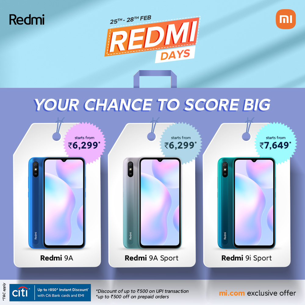 RedmiIndia's tweet photo. Here's your chance to feel super F9⃣ with your favorites available on #RedmiDaysSale.

#Redmi9A ➡️ ₹6,299*.
#Redmi9ASport ➡️ ₹6,299*.
#Redmi9iSport ➡️ ₹7,649*.

Use @Citibank cards to get a 10% instant discount. 

🛒 https://t.co/DYPidicqa6 https://t.co/7MellpEIP9