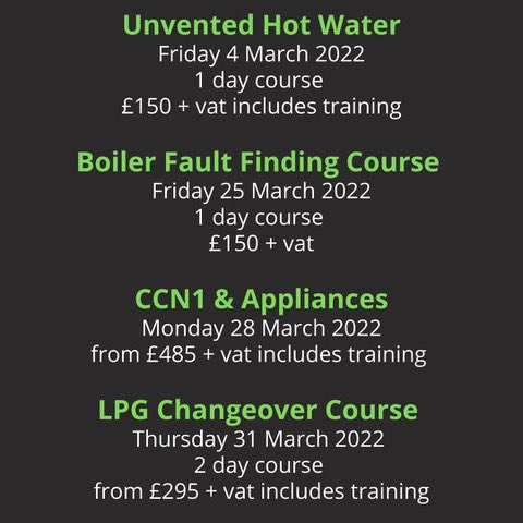 Unvented Hot Water, Boiler Fault Finding, CCN1 &amp; LPG courses available in March. Ring 01706 653671 for more details #gastraining #lpg #assessment #gasengineer