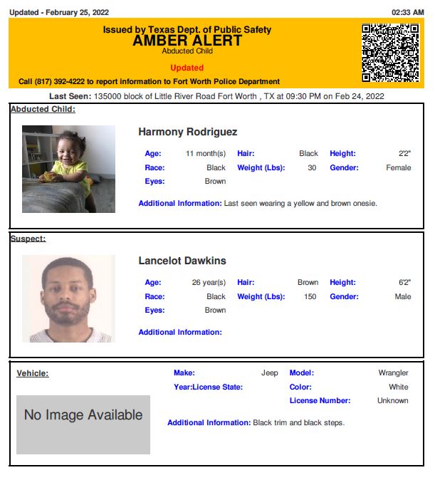 Amber Alert issued for 11-month-old girl from Fort Worth