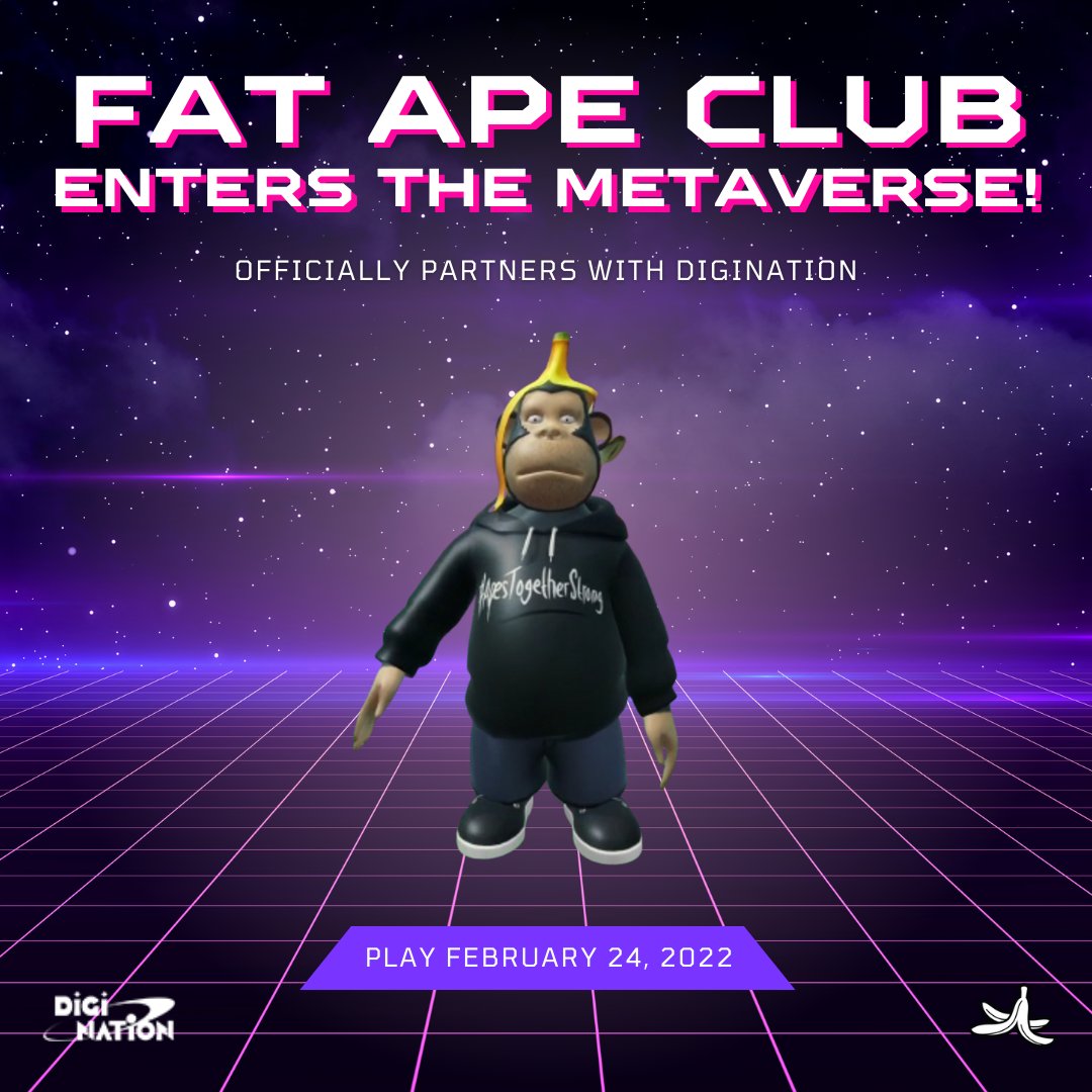 JokenojokeCali's tweet photo. @fatapeclub @Digi_metaverse
#FatApeClub officially enters the #MetaVerse partnering with #DigiNation in a playable game
Fat Ape Club holders will be able to connect their wallet to the OFFICIAL DigiNation Site & play using the generic Fat Ape shown!
#FACfollowFAC #NFT https://t.co/8inSpFhrgF