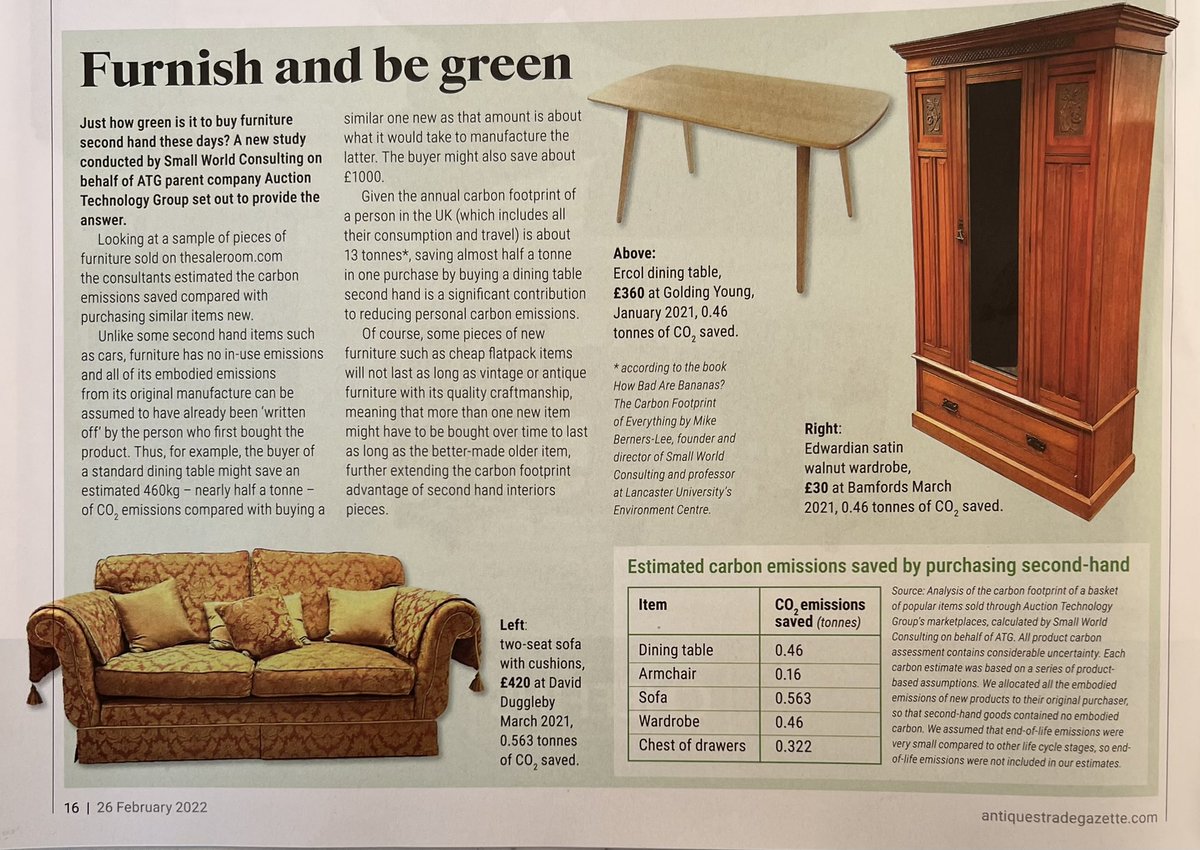 Please look at the article in this weeks Antiques Trade Gazette with estimates of the co2 saved by buying antique and vintage furniture <a href="/thesaleroom/">the saleroom</a> #antiques #antiquesaregreen #auctions #vintage #antiquefurniture #reusereducerecycle #reuse