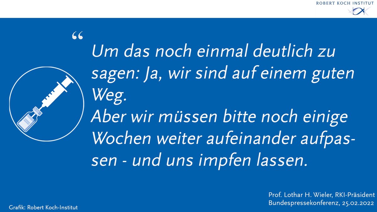 Zitat RKI-Präsident Wieler in der BPK am 25.2.2022: "Um das noch einmal deutlich zu sagen: Ja, wir sind auf einem guten Weg. 
Aber wir müssen bitte noch einige Wochen weiter aufeinander aufpassen - und uns impfen lassen."