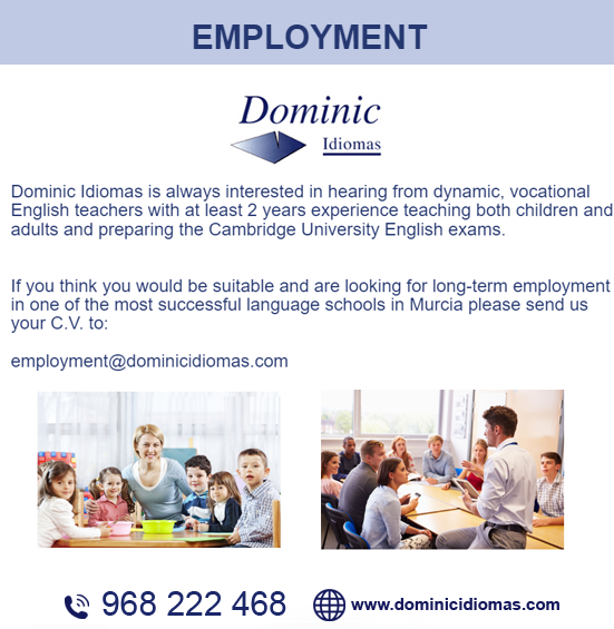 DominicIdiomas's tweet photo. EMPLOYMENT
Teaching jobs Murcia - Dominic Idiomas is always interested in hearing from dynamic, vocational English  teachers  with at least 2 years experience teaching both children and adults and preparing the Cambridge University English exams.
https://t.co/022zaBh1cC https://t.co/FbONCvnlWT
