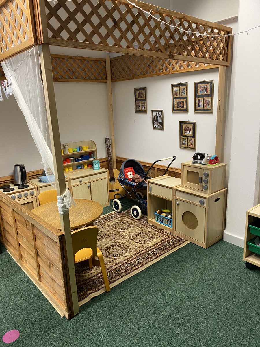 MissCooke6's tweet photo. My home corner 🥰 One of our favourite parts is the family photos which the children still love to look at and talk about with their friends 🥰 Any other ideas of what I could put in or things to enhance it further? #EYFS #earlyyears #earlyyearstagteam https://t.co/0Y0ldI5Drz