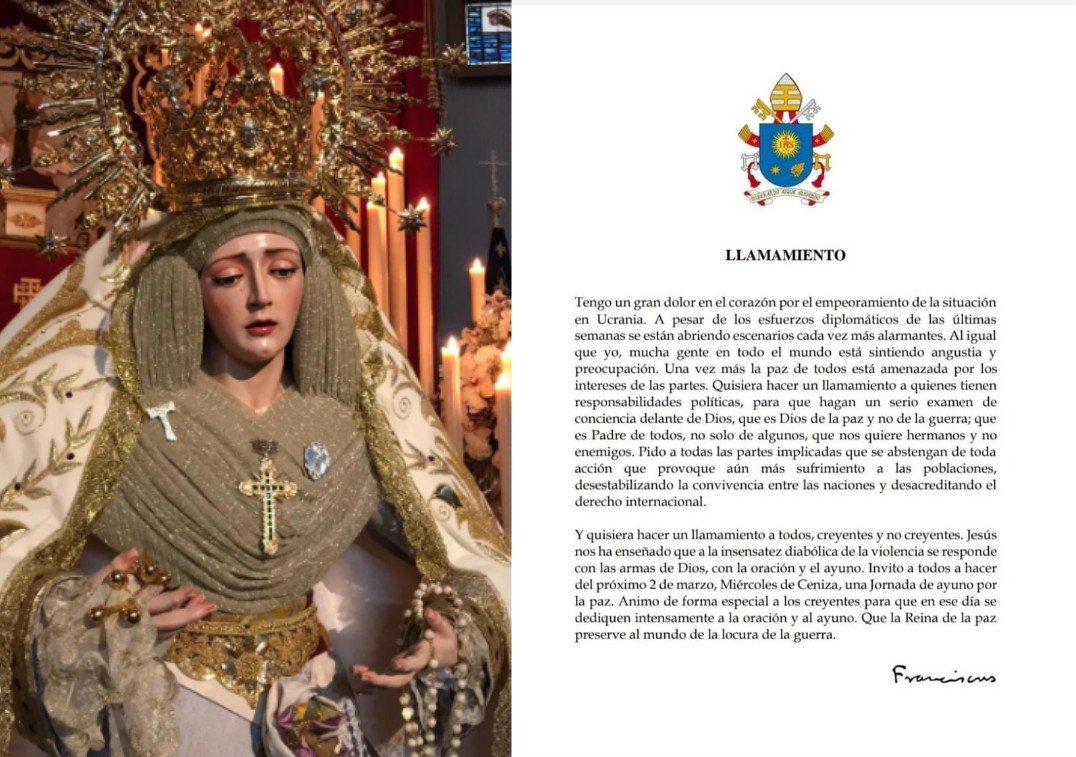 Saludypazjaen's tweet photo. Ahora más que nunca, seamos Paz.

Aunemos nuestras oraciones junto a las de @Pontifex_es para que la sinrazón de la guerra termine. https://t.co/Tgt34JRJNg