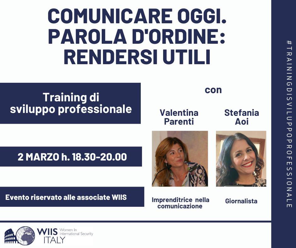 Il 2 Marzo, dalle 18:30 alle 20, si terrà il  training di sviluppo professionale con @Valentinaparenti  <a href="/StefaniaAoi/">Stefania Aoi</a> riservato alle associate di WIIS Italy.
Per partecipare è necessario compilare il modulo entro il 2 Marzo alle 12:00 al link: forms.gle/MxsNuHaAtibzU1…