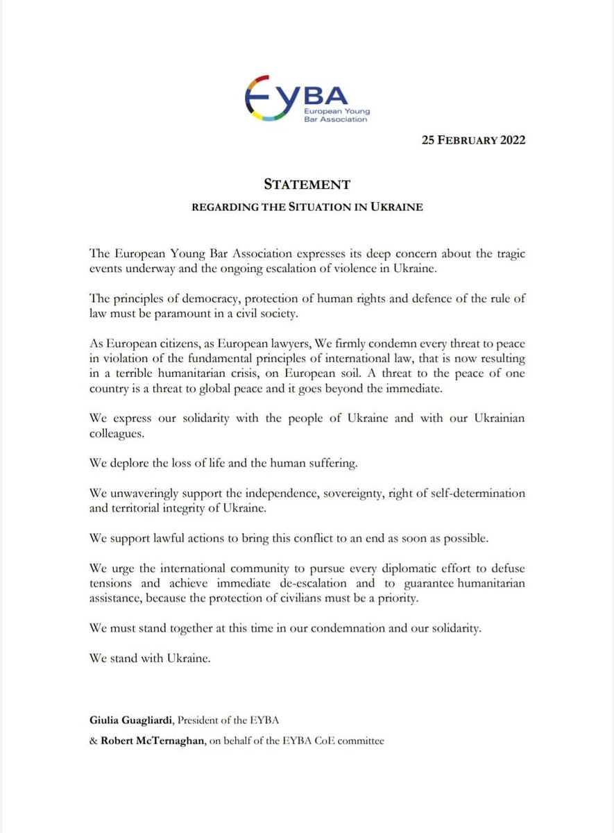 The European Young Bar Association expresses its deep concern about the tragic events underway and the ongoing escalation of violence in Ukraine. 

The principles of democracy, protection of human rights and defence of the rule of law must be paramount in a civil society. 
…/…