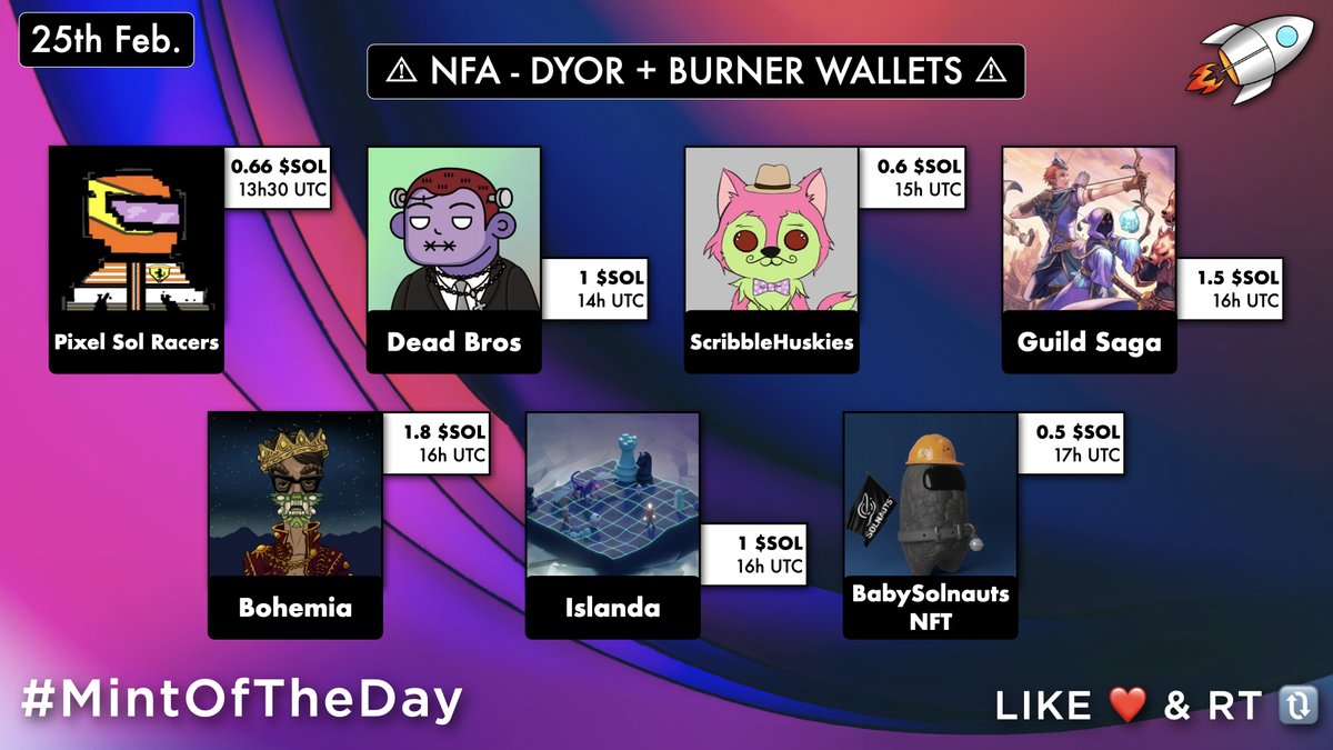 MintOfTheDay's tweet photo. 🔥 Today's #SolanaNFTs Mints 🔥

13:30UTC・@SolRacers_NFT・0.66 SOL
14UTC・@DeadBros666・1 SOL 
15UTC・@ScribbleHuskies・0.6 SOL 
16UTC・@GuildSaga・1.5 SOL
16UTC・@BohemiaArtFair・1.8 SOL
16UTC・@IslandaNFT・1 SOL
17UTC・@Solnauts_・0.5 SOL

Full List: https://t.co/sn1UXLqOAs https://t.co/dANMM1NnX5
