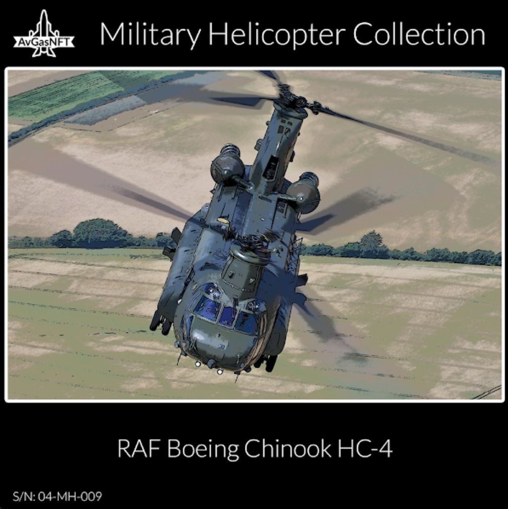 NFT 04-MH-009

The versatility and load carrying capabilities of the Boeing Chinook helicopter has ensured that this mighty twin rotor heavy lift machine is now one of the most famous aircraft to see post war Royal Air Force service. 

opensea.io/avgasnft?tab=c…

#NFTs #nftart
