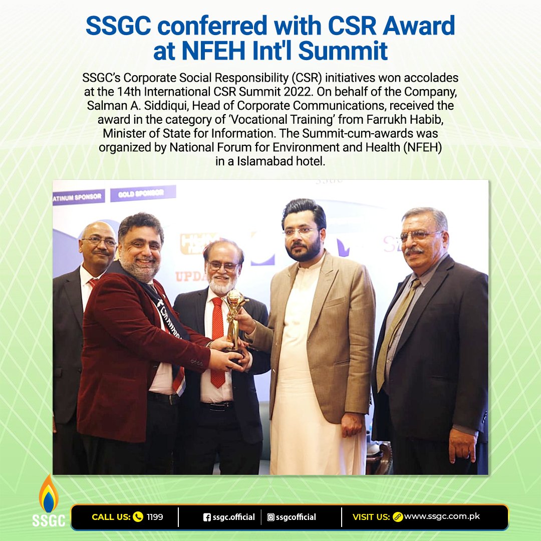 SSGC_Official's tweet image. SSGC wins CSR Award at NFEH International Summit.

#SSGC #CSRaward #NFEH