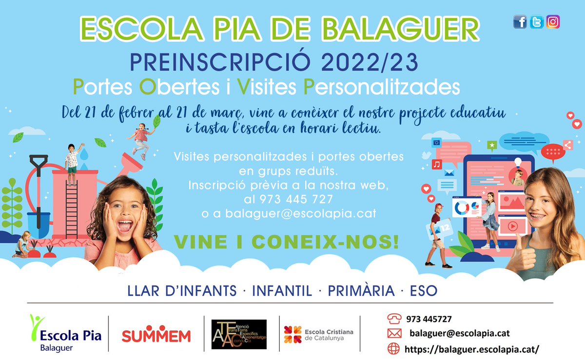 Preinscripcions curs 2022-2023. Demana cita prèvia i coneix la nostra escola. Truca al 973445727 i et donarem tota la informació necessària. #escolapiabalaguer