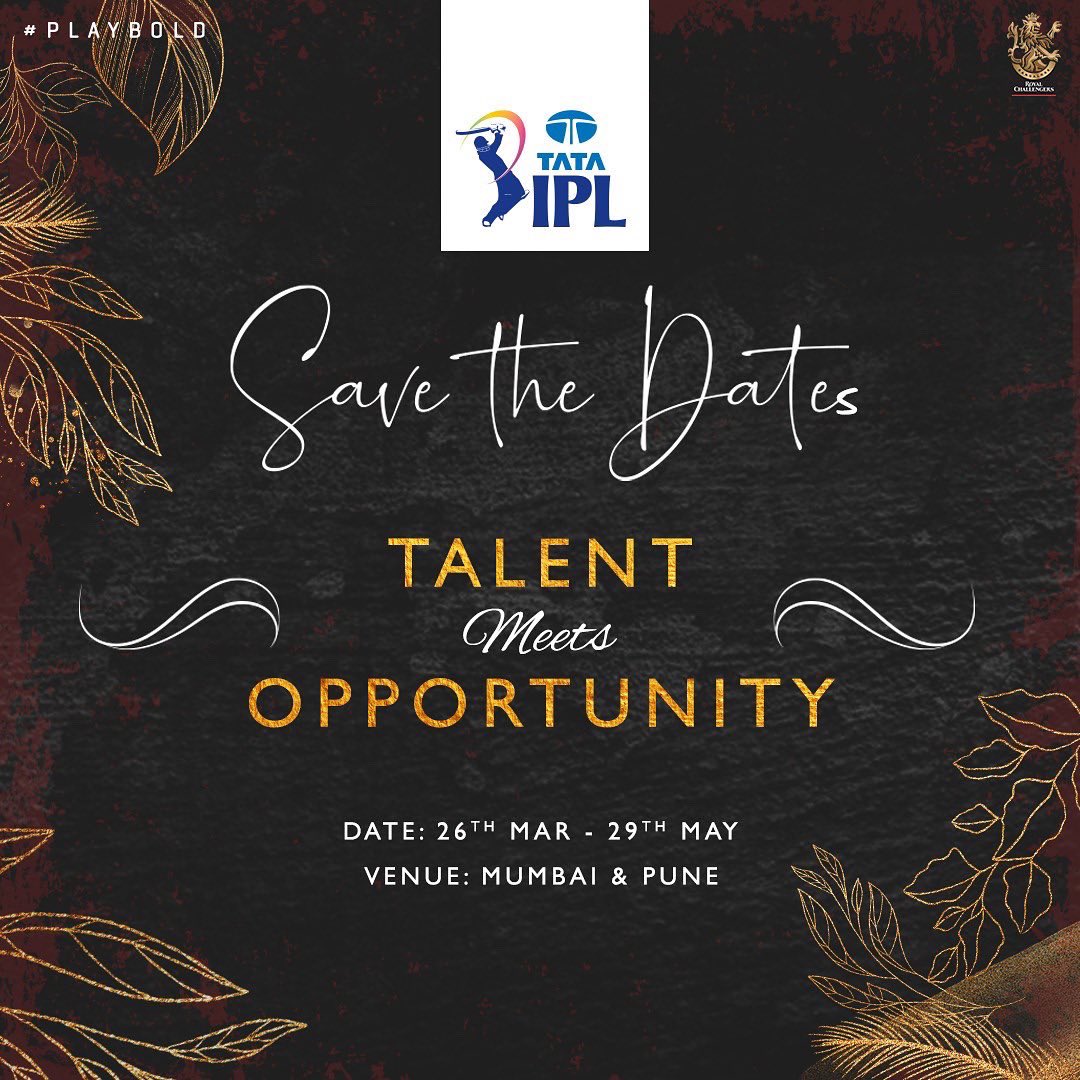 RCBTweets's tweet photo. The #TataIPL 2022 Dates and Groups confirmed!

We are in Group B alongside @ChennaiIPL, @PunjabKingsIPL, @SunRisers &amp; @gujarat_titans. 👊🏻

SAVE THE DATES, 12th Man Army! It’s the event we’ve all been waiting for. 🥳🥳

#PlayBold #WeAreChallengers #IPL2022 #Mission2022 https://t.co/9TUOOGpRfS