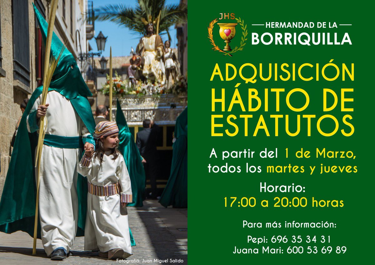 🟢ADQUISICIÓN DE HÁBITO DE ESTATUTOS🟢

Nuestra Hermandad pone a disposición Hábitos de Estatutos de adultos y de Niños Hebreos para todo aquel que quiera acompañar a nuestros Sagrados Titulares.

A partir del 1 de Marzo, todos los martes y jueves en horario de 17:00 a 19:00 h.