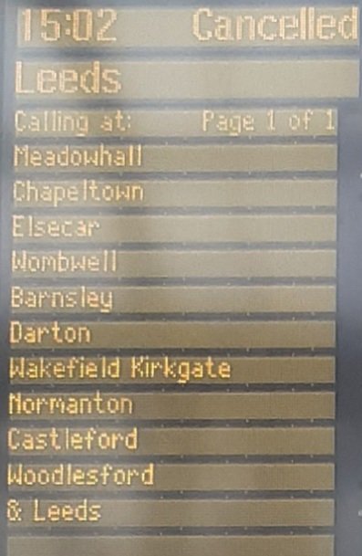 Taylom4's tweet photo. @NorthenrailF cancellation of two trains frpm Sheffield to Chapeltown in Sheffield https://t.co/nyN4OuwnWk
