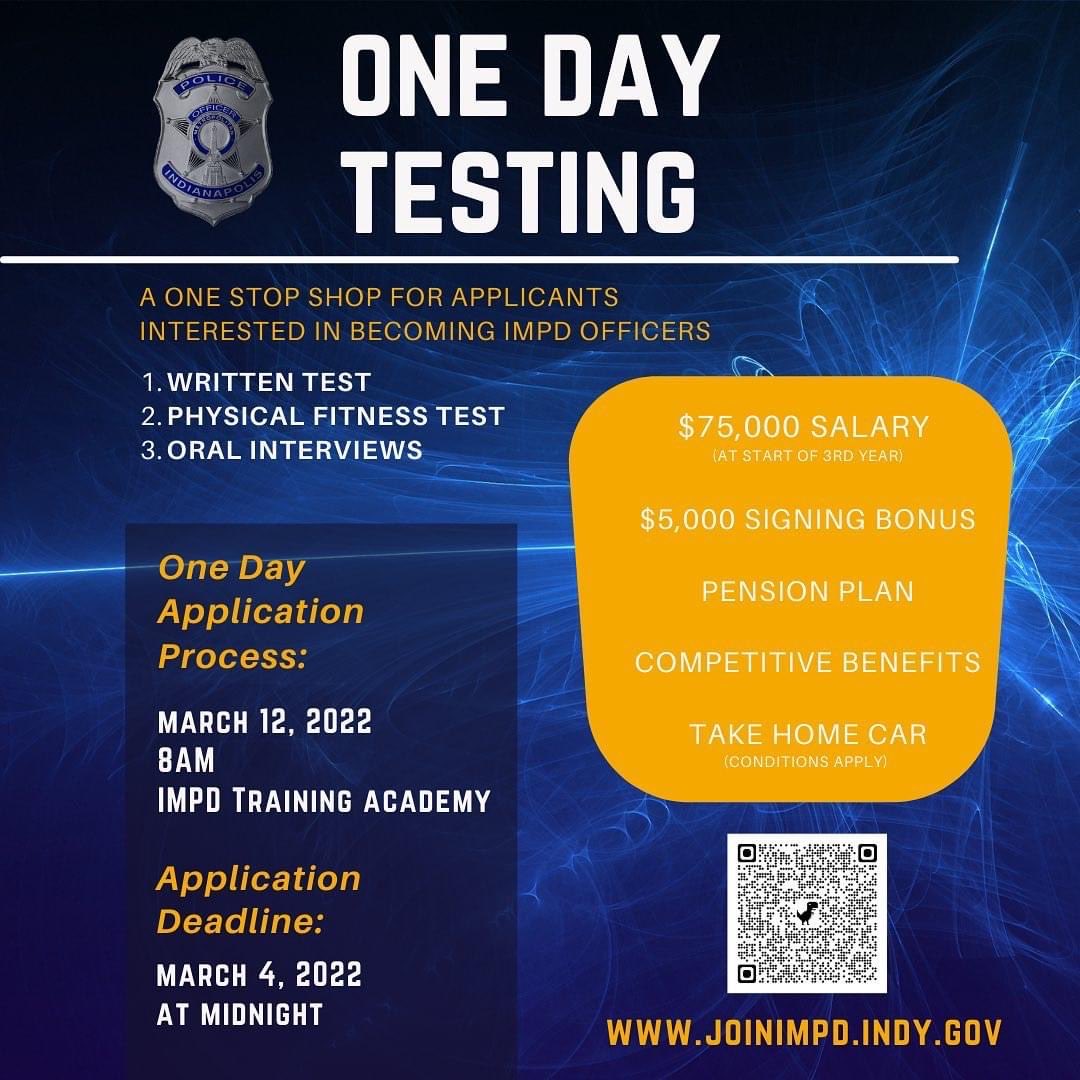 JoinIMPD's tweet photo. The application deadline for the 25th IMPD Recruit class (B) has been extended to March 4th, with a one-day testing process on March 12th.  You can visit https://t.co/KwH6oDc8CF to apply for the 25th Recruit Class (B), the 26th Recruit Class, or the 4th Lateral Class.  #JoinIMPD https://t.co/xCV4johRgX