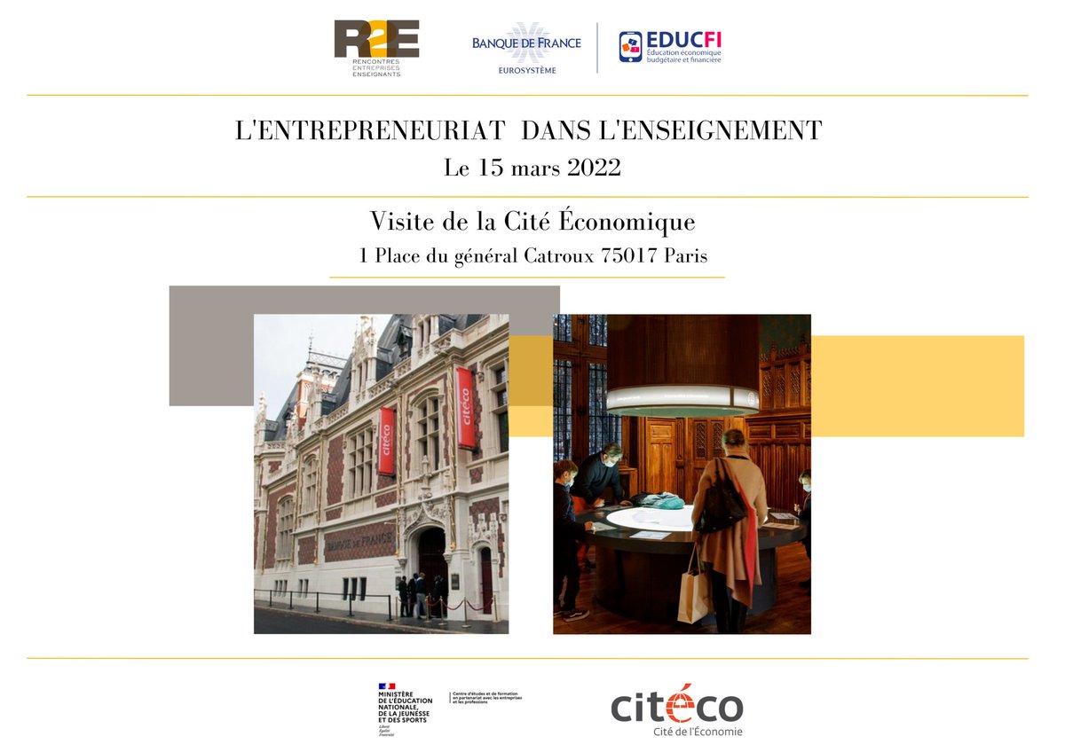 Rencontres2e's tweet photo. đą#R2Eformation l'#entrepreneuriat dans #enseignement
đ
J 2, le 15/03
Les participants en #présentiel auront l'occasion de visiter @citeco_officiel, un lieu pédagogique pour expliquer les notions & mécanismes de l'#Economie aux #élÚves
Inscription : https://t.co/OXCef1rszh https://t.co/f9m7AzEVzN