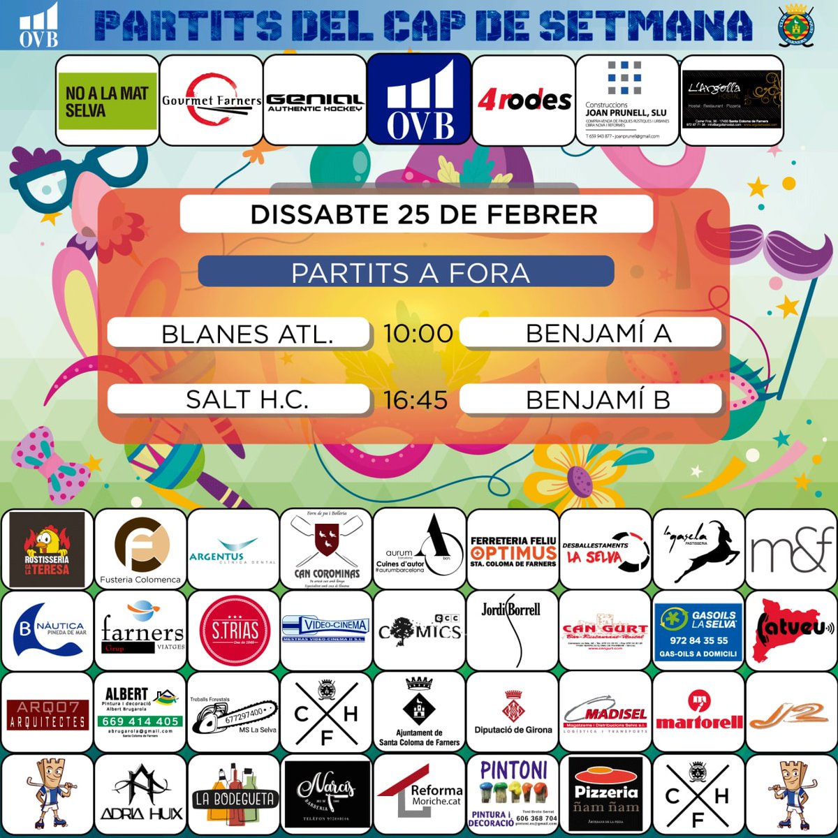 Club Hoquei Farners (@hoqueifarners) on Twitter photo 🔵⚪ Partits del cap de setmana! ⚪🔵
Aquest cap de setmana només tenim els partits dels Benjamins que juguen fora, molta sort!!!
#ovb.girona1
<a href="/sport4rodes/">4 Rodes</a>
<a href="/genialhockey/">genial_hockey</a>
<a href="/AjSCFarners/">Ajuntament SCFarners</a>
<a href="/DiputacioGirona/">Diputació de Girona</a>
<a href="/esportcat/">Esports</a>
<a href="/selvaesports/">ConsellEsportiuSelva</a>
#hoqueifarners #carnaval #carnastoltes #Carnestoltes 🔵⚪ Partits del cap de setmana! ⚪🔵
Aquest cap de setmana només tenim els partits dels Benjamins que juguen fora, molta sort!!!
#ovb.girona1
<a href="/sport4rodes/">4 Rodes</a>
<a href="/genialhockey/">genial_hockey</a>
<a href="/AjSCFarners/">Ajuntament SCFarners</a>
<a href="/DiputacioGirona/">Diputació de Girona</a>
<a href="/esportcat/">Esports</a>
<a href="/selvaesports/">ConsellEsportiuSelva</a>
#hoqueifarners #carnaval #carnastoltes #Carnestoltes