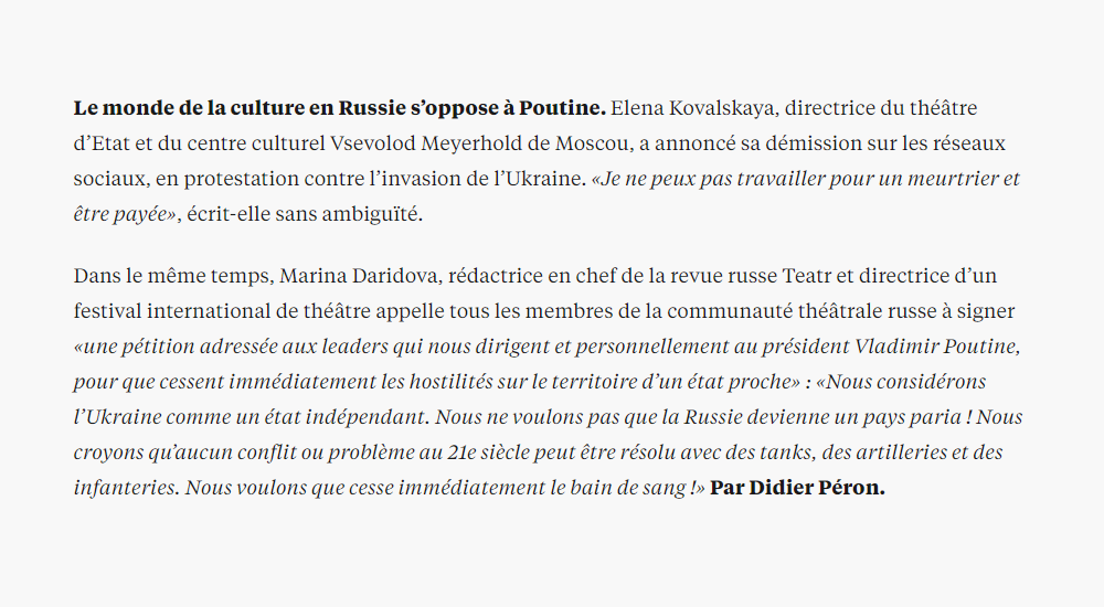 libe's tweet photo. Elena Kovalskaya, directrice du théâtre d’Etat et du centre Vsevolod Meyerhold de #Moscou, démissionne en protestation contre l’invasion de l'Ukraine : "Je ne peux pas travailler pour un meurtrier et être payée" @didierperon 

Notre direct #Ukraine 👉 https://t.co/yyJNXfQyHN https://t.co/OuEagEgAG3