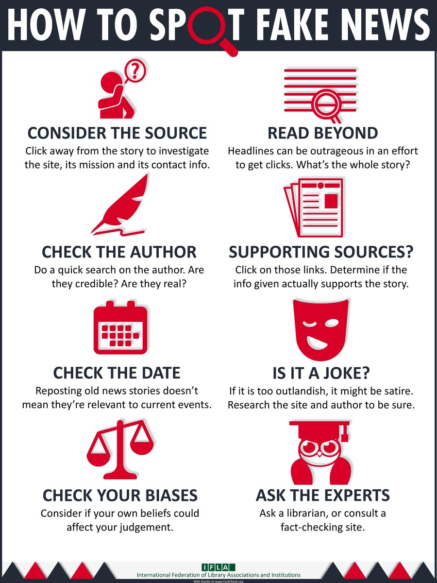 How To Spot Fake News in the post-truth society. Revisiting this <a href="/IFLA/">IFLA</a> infographic from 2017. Discussion about fake news has led to a focus on media literacy and the role of libraries and other education institutions in providing this.
ifla.org/news/how-to-sp…