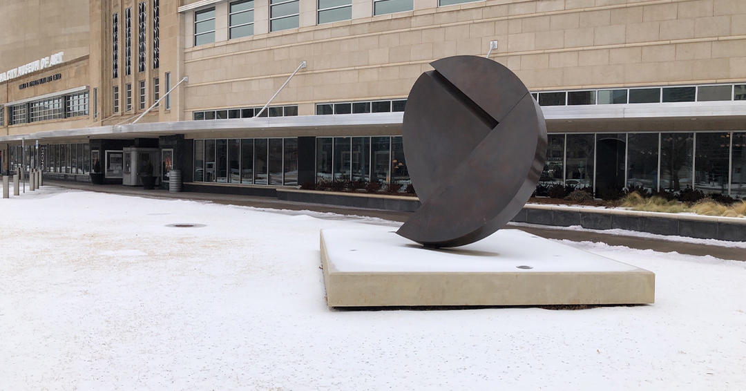 Warm up at OKCMOA today from 12-8 pm! Folded Circle Split by Fletcher Benton looks beautiful in the snow and hot coffee is brewing in Centre Bistro. Defrost and enjoy our temperature-controlled galleries!