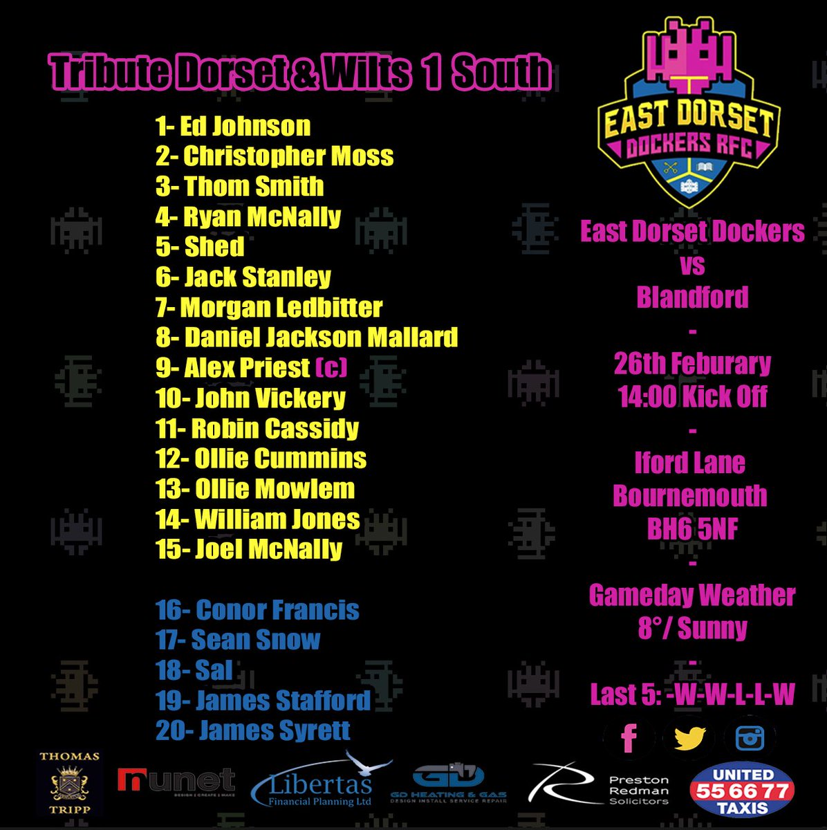 East Dorset Dockers Rugby Club (@eddrfc4) on Twitter photo โ ๏ธTeam Announcementโ ๏ธ
Here is your team to face <a href="/blandfordrfc/">Blandford Rugby</a> tomorrow afternoon
EDD looking for 2 W's on the bounce!
Kick-off 14:00
6 Nations: England vs Wales on in the bar after the game 16:45 โ ๏ธTeam Announcementโ ๏ธ
Here is your team to face <a href="/blandfordrfc/">Blandford Rugby</a> tomorrow afternoon
EDD looking for 2 W's on the bounce!
Kick-off 14:00
6 Nations: England vs Wales on in the bar after the game 16:45