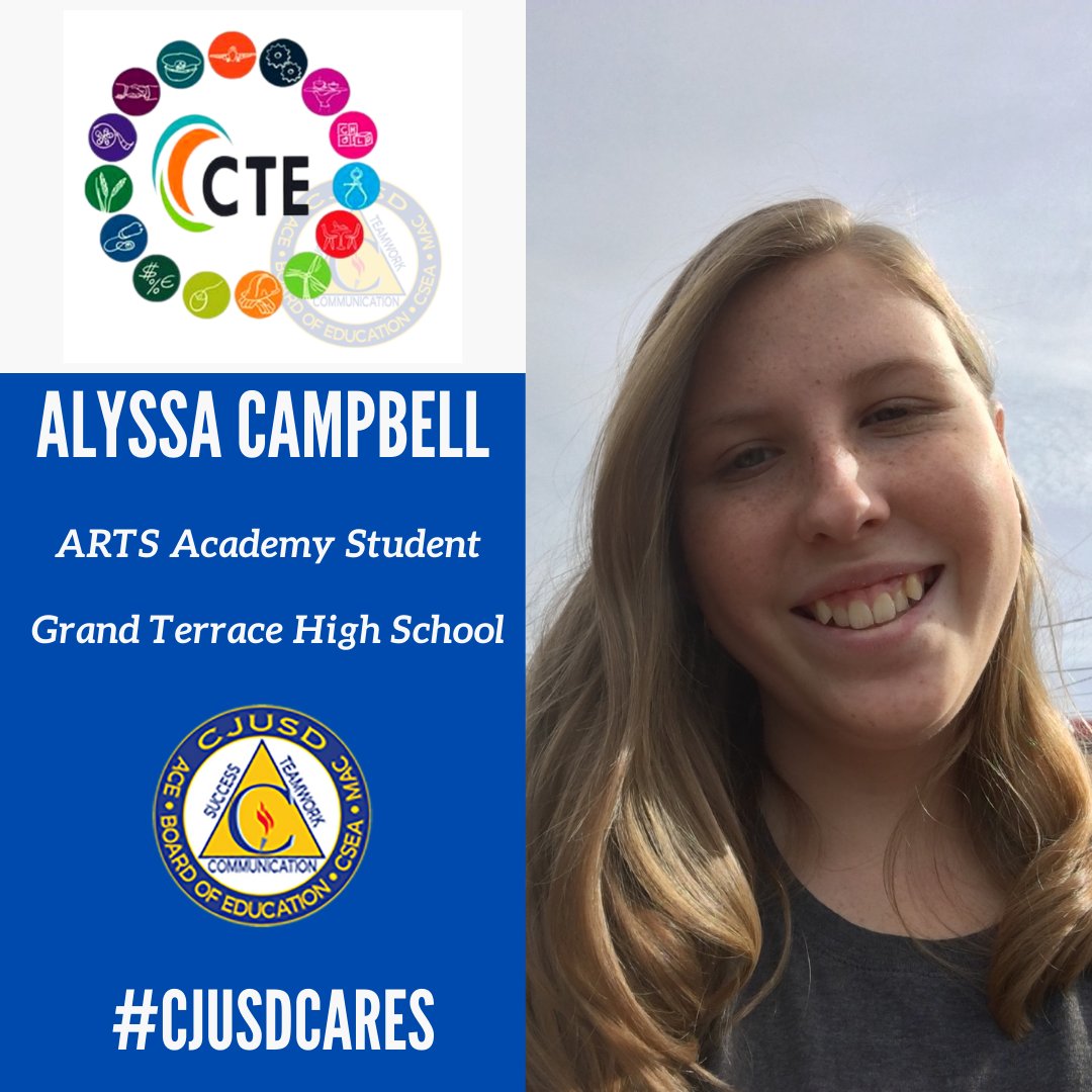 Alyssa Campbell is an 11th grader who is part of the Arts Pathway Academy at Grand Terrace High School. In addition to being an ARTS Academy member, Alyssa is also in the school Concert and Marching Bands and has a higher than 4.0 GPA! #CJUSD #CJUSDCares