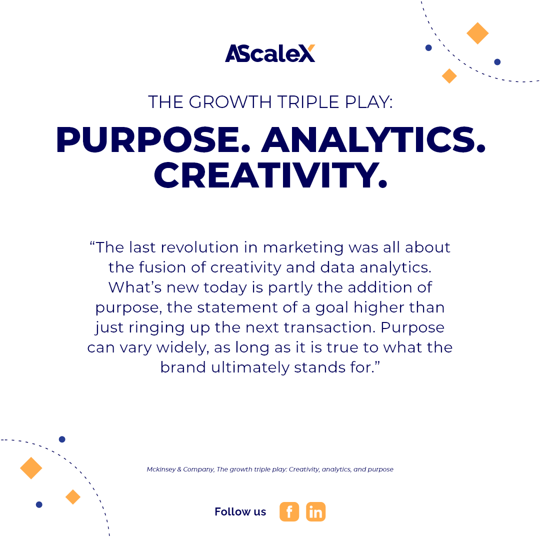 AScaleXTeam's tweet photo. Research from Mckinsey & Company showed that even before the pandemic, companies who integrated creativity, analytics, and purpose are delivering at least two times the growth of their industry peers.
Read more here: https://t.co/pVrPp3gdc3
#DigitalMarketing #AScaleX #Branding https://t.co/Lw4SSEH2wk