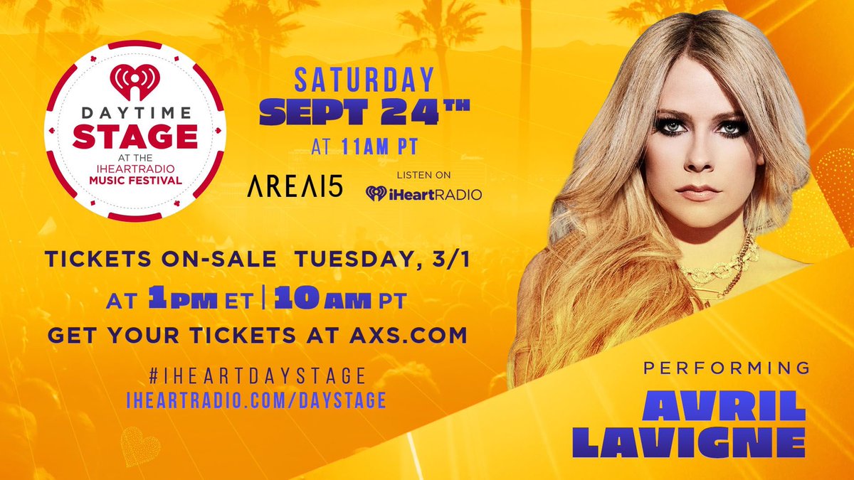 🚨 | @AvrilLavigne estará en el festival de @iHeartRadio #iHeartDayStage el proximo 24 de septiembre! 

-

🚨 | @AvrilLavigne will be at the @iHeartRadio #iHeartDayStage festival next September 24!