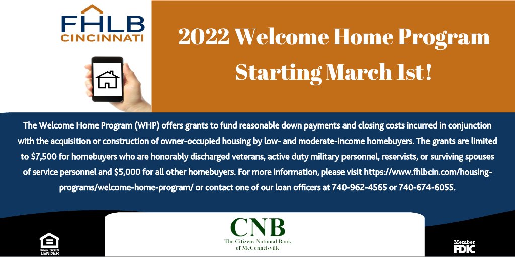 CNBMoCo's tweet image. The @fhlbcin Welcome Home Program will allow qualified home buyers to receive a $5,000 or $7,500 grant for down payment assistance. Call Chevy Hood in Duncan Falls (740) 674-6055 or Klarissa James, Kelsey Wells, or Matt Carpenter in McConnelsville (740) 962-4565 today!