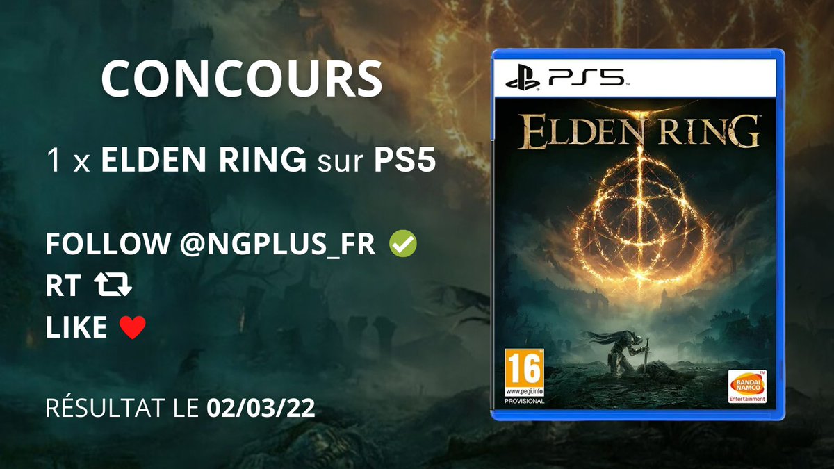CONCOURS ⚔️

Levez-vous, Sans-éclat. Tentez de remporter ELDEN RING sur PS5 ! Pour participer : 

- Suivez <a href="/NGPlus_FR/">New Game Plus 🌷</a> 
- Likez 💟 et RT 🔁 ce tweet

TaS le 02/03/2022. Bonne chance ! 
#CONCOURS #Giveaway #ELDENRING #PS5