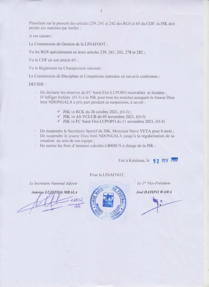 Officiel : Vclub et <a href="/fcsteloilupopo/">FC Saint Eloi Lupopo</a>  se mettent à l'abri de Maniema Union et mettent la pression sur <a href="/TPMazembe/">TP Mazembe</a>  qui se retrouve à 3 pts d'eux. Les 2 clubs se rassurent du podium a la mi-saison ! 
<a href="/JacquesKyabula/">Jacques Kyabula Katwe</a> 
<a href="/BestineKazadi/">Bestine Kazadi</a> 
<a href="/LinafootO/">Linafoot Officiel</a> 
<a href="/moise_katumbi/">Moise Katumbi</a>