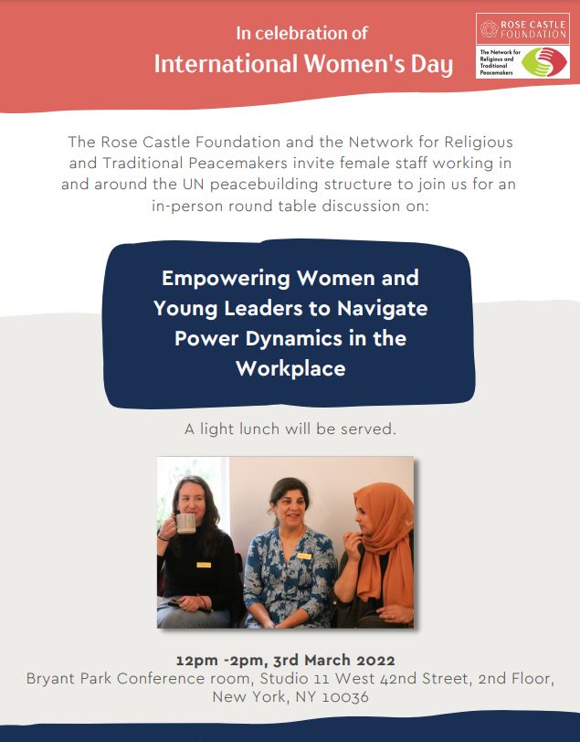 hannah_larn's tweet photo. My colleagues at @RoseCastleUK and @peacemakersnetw are co-hosting an event on March 3 to celebrate #InternationalWomensDay2022 in New York. Open to all female staff working in and around the UN peacebuilding structure. Registration essential: https://t.co/c5thS4y9kH https://t.co/7DjTcuIk8I