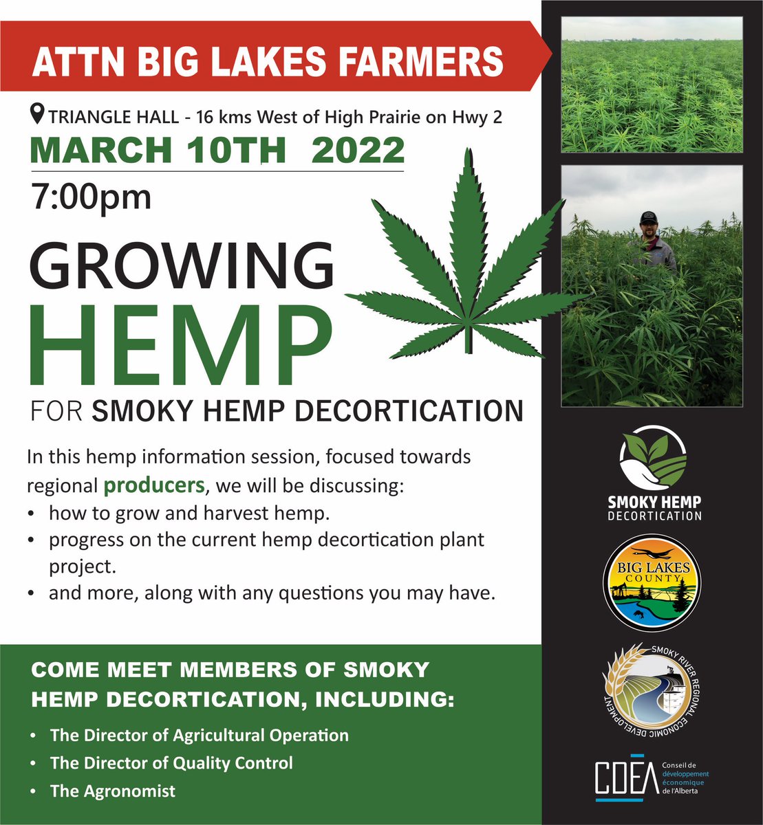 First stop: Big Lakes County. Come learn the What, Why, Where, When, Who, and How’s of growing hemp. Stay tuned for more locations and dates, as Smoky Hemp Decortication travel to other surrounding county’s.