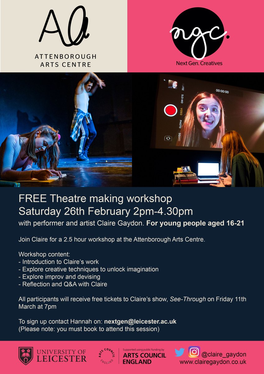 If you're aged 16-21 (or know anyone who is) and interested in theatre and performance, we have a FREE workshop on tomorrow (Saturday 26 Feb) with artist @clairegaydon!

To book your place, email Hannah on nextgen@leicester.ac.uk

We'd love if you could share this! ❤