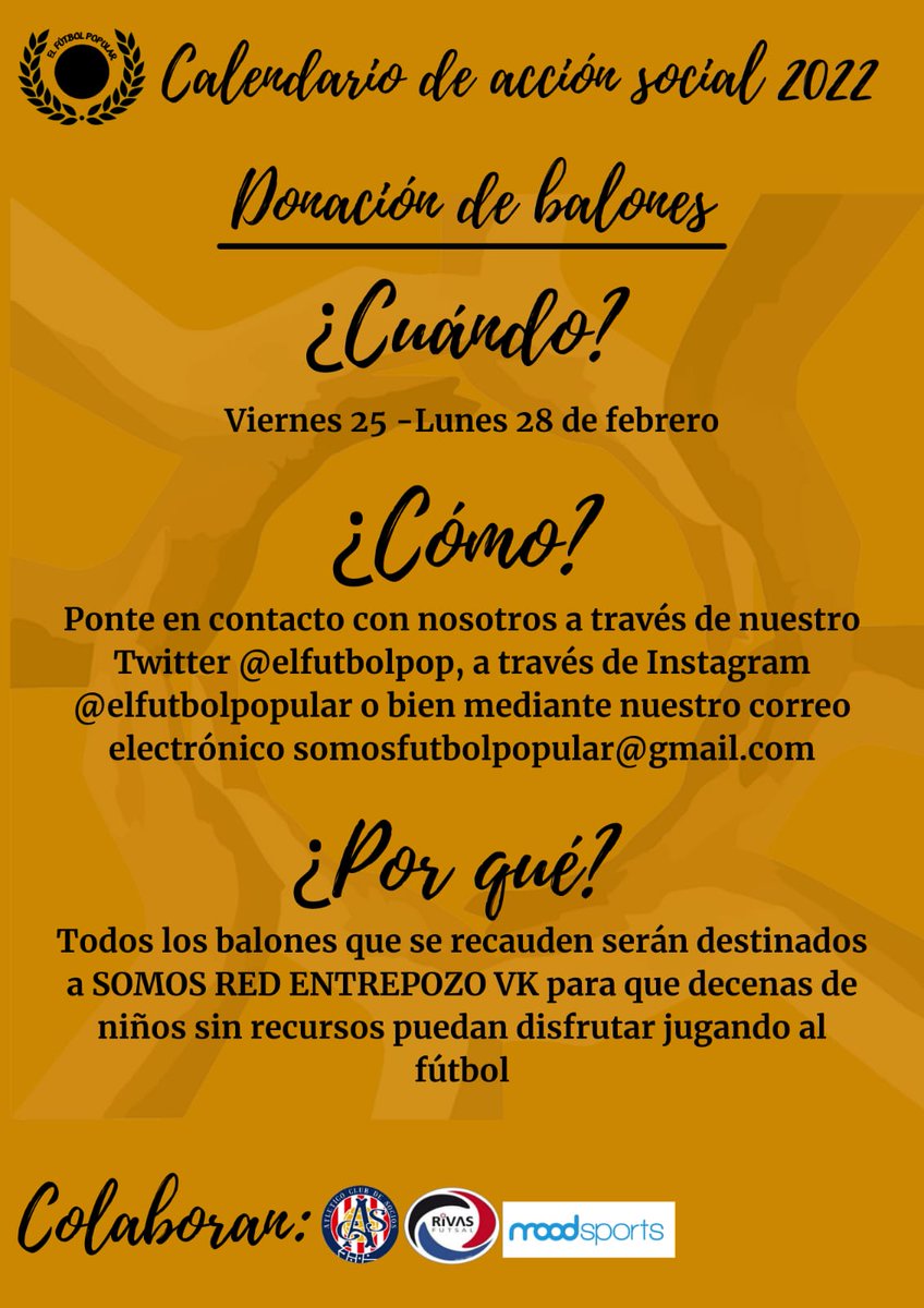 📅 Calendario de Acción Social ➡️ Febrero

⚽️ Donación de balones

👉 Colaboran <a href="/AtletideSocios/">AtléticoClubdeSocios</a>, <a href="/moodsports/">moodsports</a> y <a href="/cdrivasfutsal/">C.D. Rivas Futsal</a> 

🖇 ¡No dudes en participar!