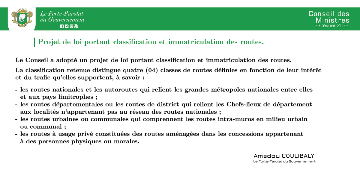 MINCOM_CI's tweet photo. #ConseilDesMinistresCI
#Micomef🇨🇮
✍𝙋𝙧𝙤𝙟𝙚𝙩 𝙙𝙚 𝙡𝙤𝙞 𝙥𝙤𝙧𝙩𝙖𝙣𝙩 𝙘𝙡𝙖𝙨𝙨𝙞𝙛𝙞𝙘𝙖𝙩𝙞𝙤𝙣 𝙚𝙩 𝙞𝙢𝙢𝙖𝙩𝙧𝙞𝙘𝙪𝙡𝙖𝙩𝙞𝙤𝙣 𝙙𝙚𝙨 𝙧𝙤𝙪𝙩𝙚𝙨.👇 https://t.co/tuM7J3t6w0