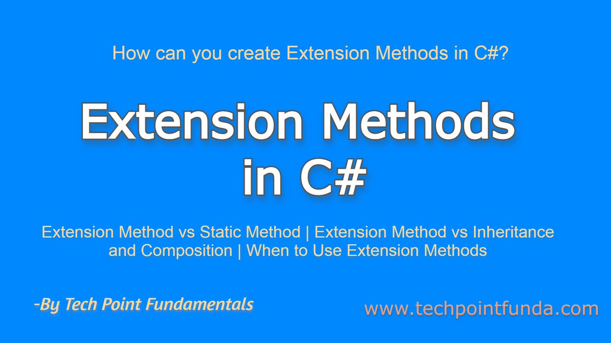 TechPointFunda's tweet image. Extension Methods in C# | Extension Method vs Static Method
youtu.be/a8ktptocttQ via @YouTube
#CSharpInterviewQuestionsAndAnswers #CsharpInterviewQuestions2022 #InterviewPreparation #InterviewQuestionsAndAnswers #CSharp #techpointfundamentals #techpointfunda