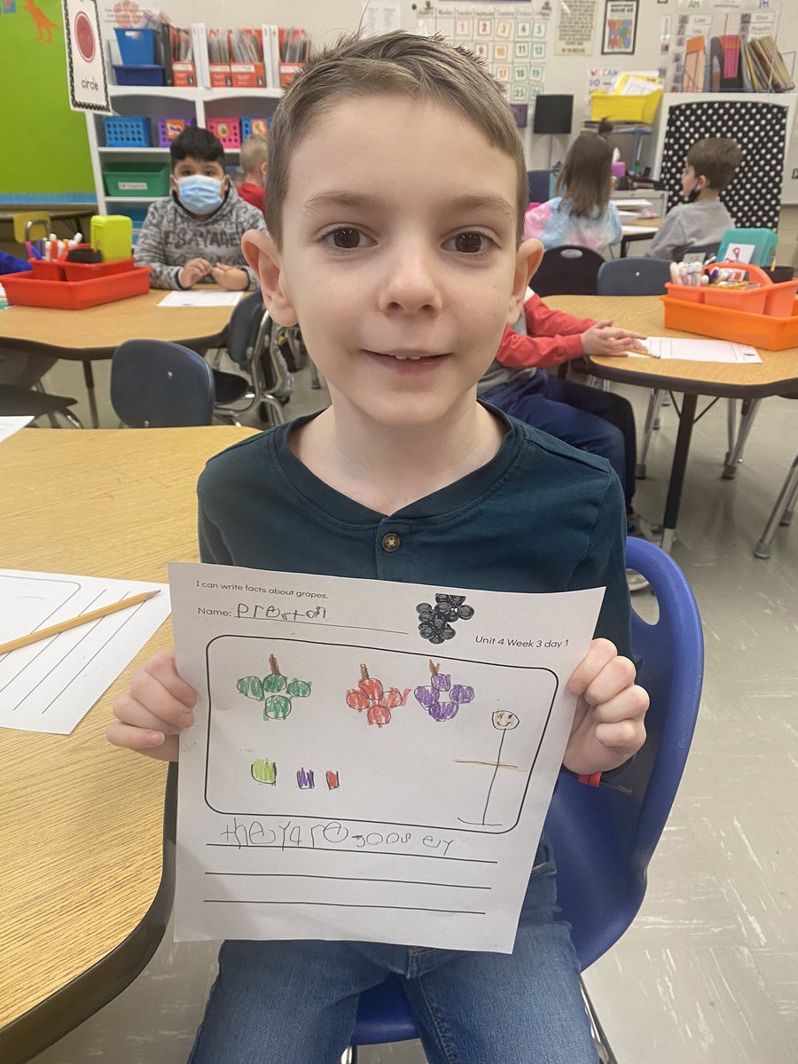 MissMarcheschi's tweet photo. The kiddos of room 13 have been hard at work writing facts about grapes and raisins this week. So awesome to see them using their sounding out powers and creative illustrator skills! #KindergartenRules #BeLoveland https://t.co/CEsezxGMt4