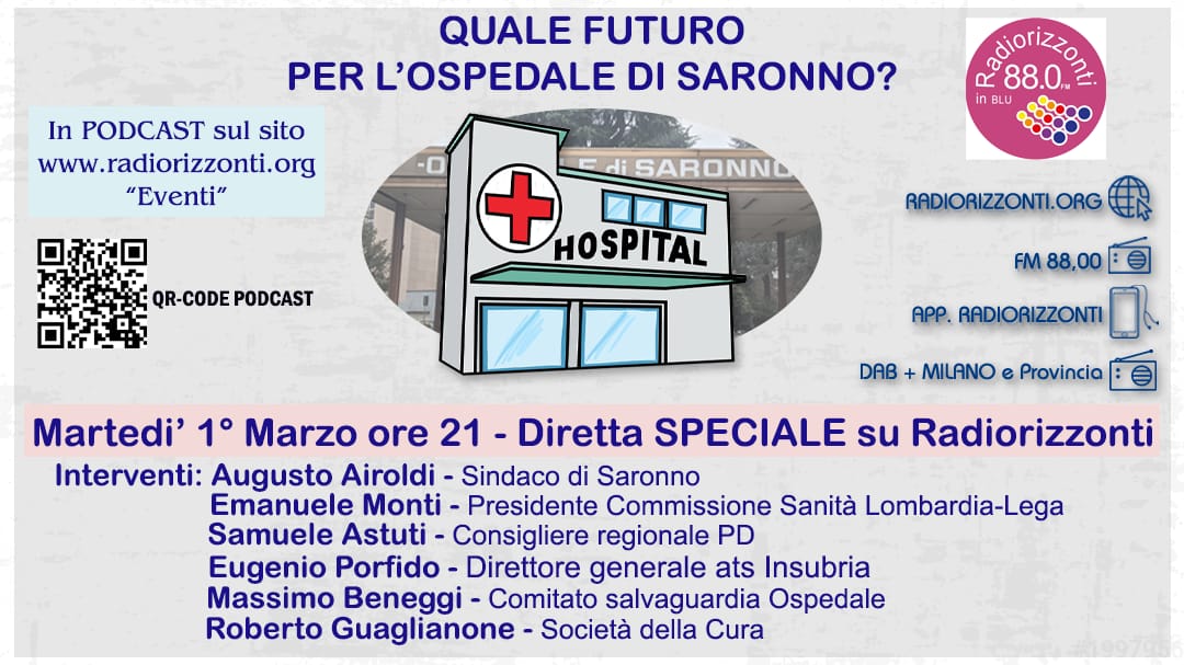 Radiorizzonti1's tweet photo. Occasione speciale MARTEDI 1 MARZO alle 21. Al centro l'attenzione sul futuro dell'ospedale di #Saronno. https://t.co/Fe1woP0rV3