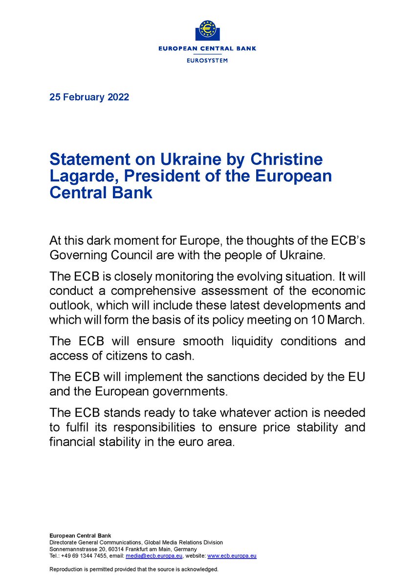 Lagarde's tweet photo. At this dark moment for Europe, the thoughts of the @ecb’s Governing Council are with the people of Ukraine.

We stand ready to take whatever action is needed to fulfil our responsibilities.

https://t.co/9zfepdOtto https://t.co/4KM1a4uXxO
