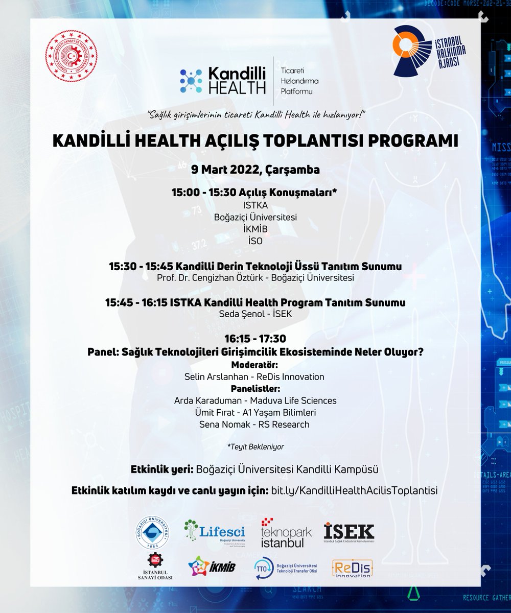 🚀<a href="/istkaorgtr/">İSTKA</a> desteğiyle sağlık girişimlerinin ticaretini hızlandırmak hedefiyle yürüttüğümüz #KandilliHealth Ticareti Hızlandırma Platformu'nun açılış toplantısı için 9 Mart Çarşamba günü saat 15:00'te <a href="/UniBogazici/">Boğaziçi Üni.</a> Kandilli Kampüsü'nde buluşuyoruz!
Kayıt: bit.ly/KandilliHealth…