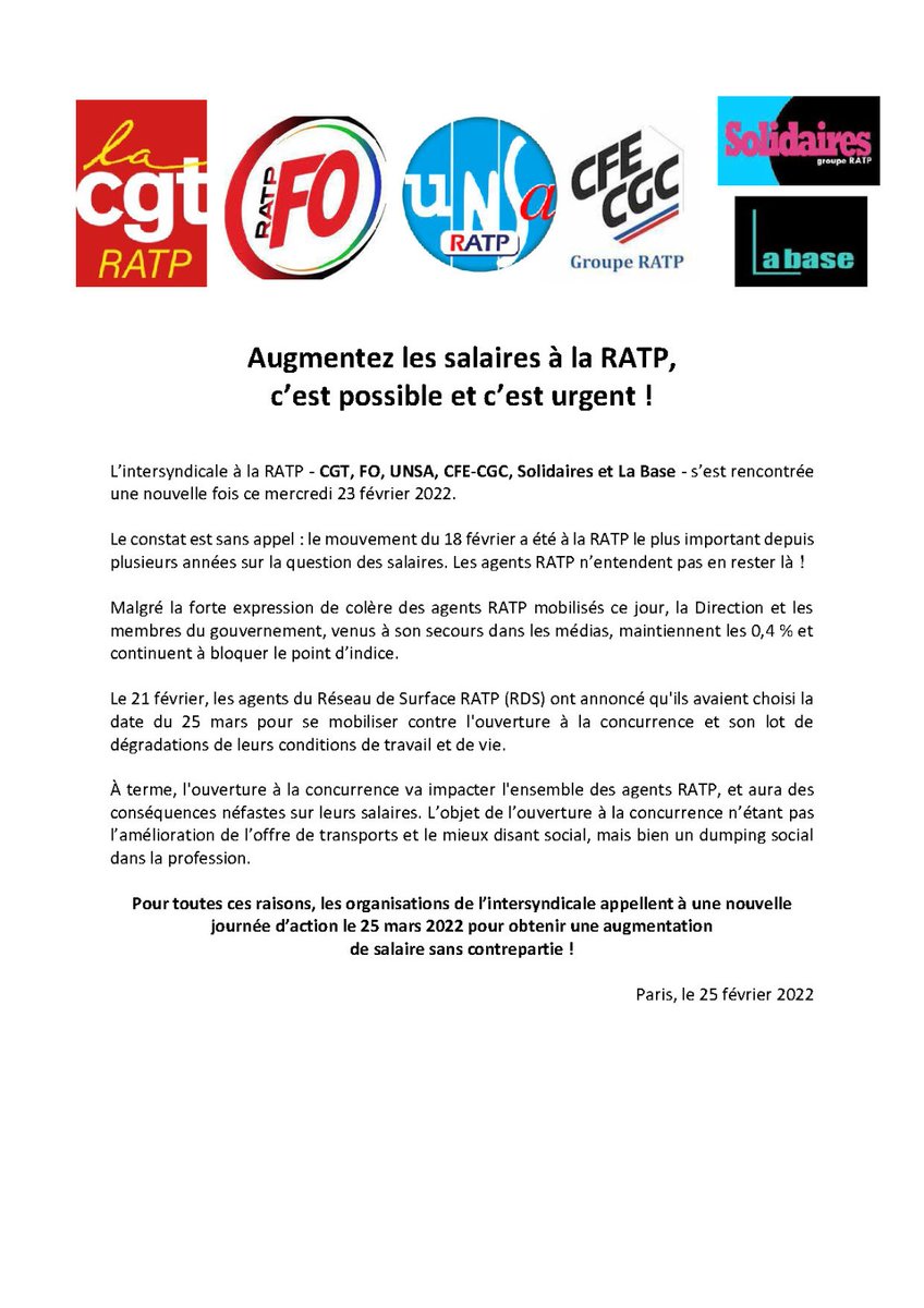SolidairesRatp's tweet photo. Face à l'entêtement de la #RATP l'intersyndicale appelle à une nouvelle journée de #greve le 25 mars #Greve25Mars #JeSuisGreviste @CgtRatp @CFECGC_RATP #LaBaseRatp #UnsaRatp #FOratp https://t.co/pUIIil9w2A