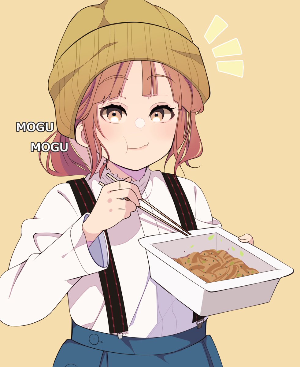 1girl solo food chopsticks holding white shirt hat  illustration images